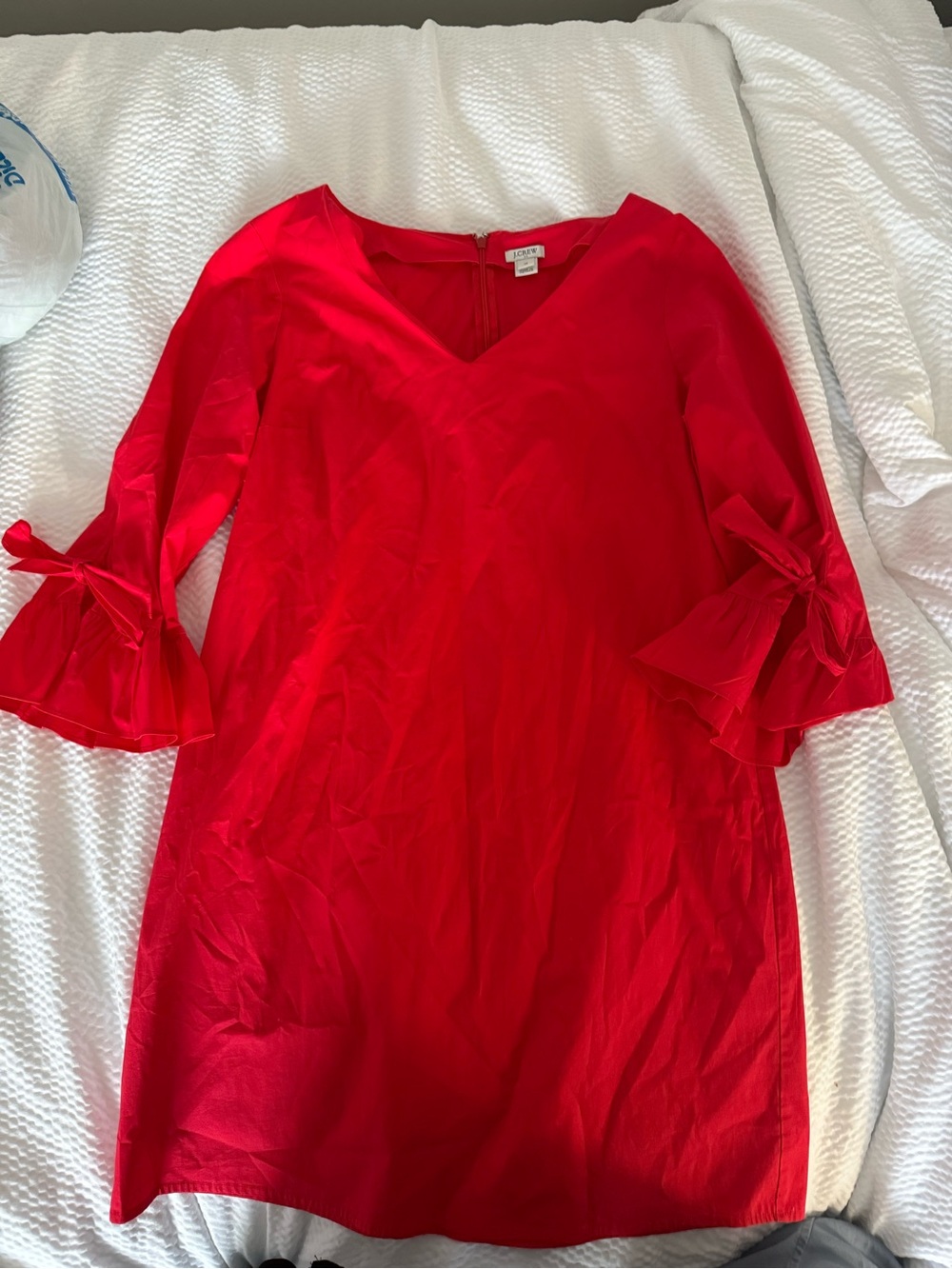 J. Crew Red V-Neck Tie-Sleeve Shift Dress Statement Bow Ruffle Flounce